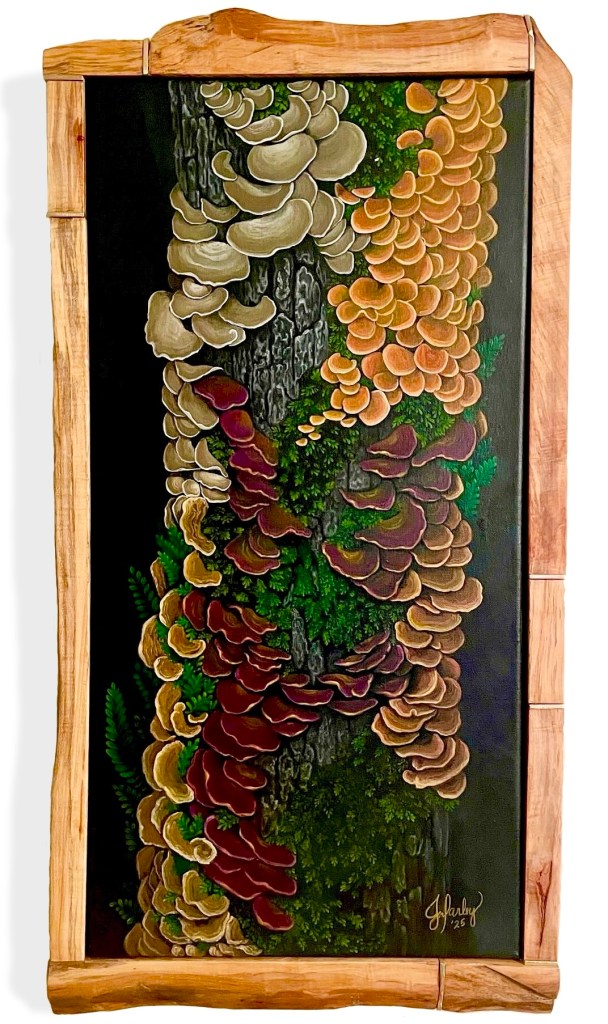 Painting of fungi on a tree in handmade frame by Jeanetta Darley ARTIST.