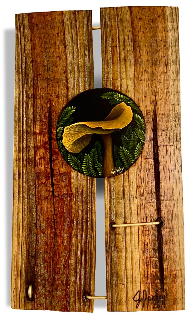 Small painting of a mushroom in a wood and brass sculpture by Jeanetta Darley ARTIST.
