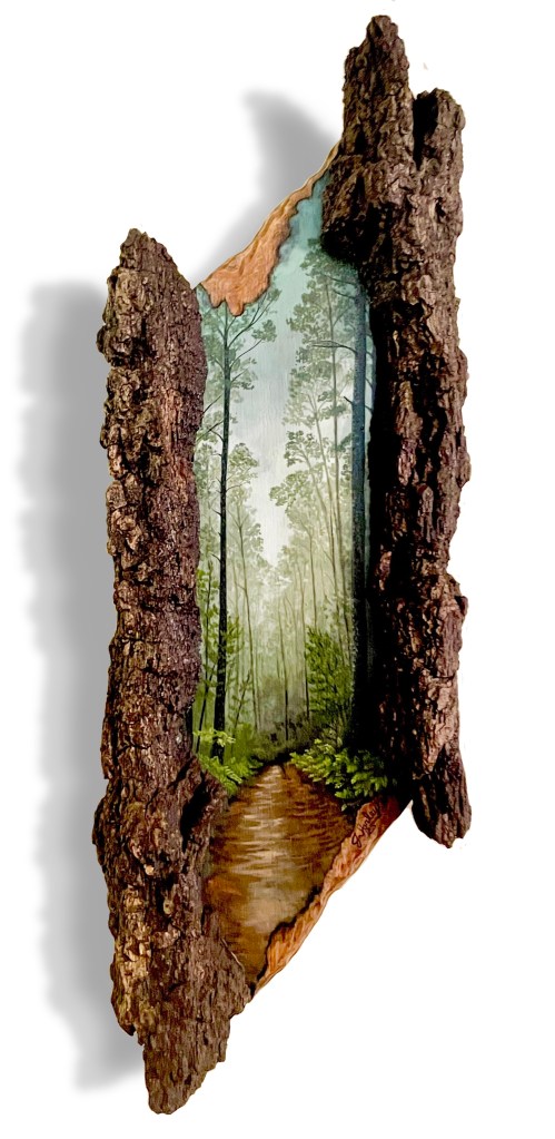 When the Road Darkens by Jeanetta Darley. Painting of a foggy path in bark frame.